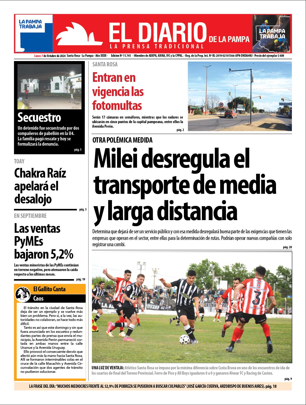 Tapa de El Diario en papel  lunes 07 de octubre de 2024